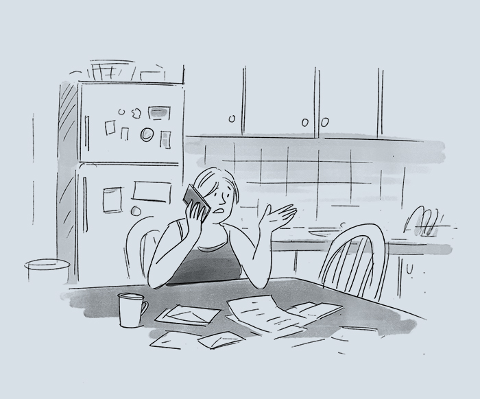 cartoon illustration of a worried woman talking on a phone at a kitchen table with utility bills